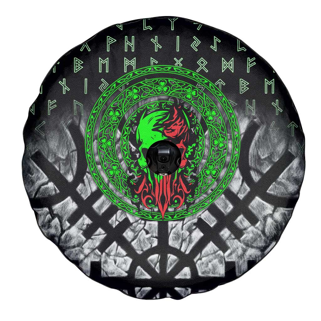 Flaming Skull Spare Tire Cover with Green Runes and Norse Symbols Viking Warrior Tribute - Wonder Print Shop