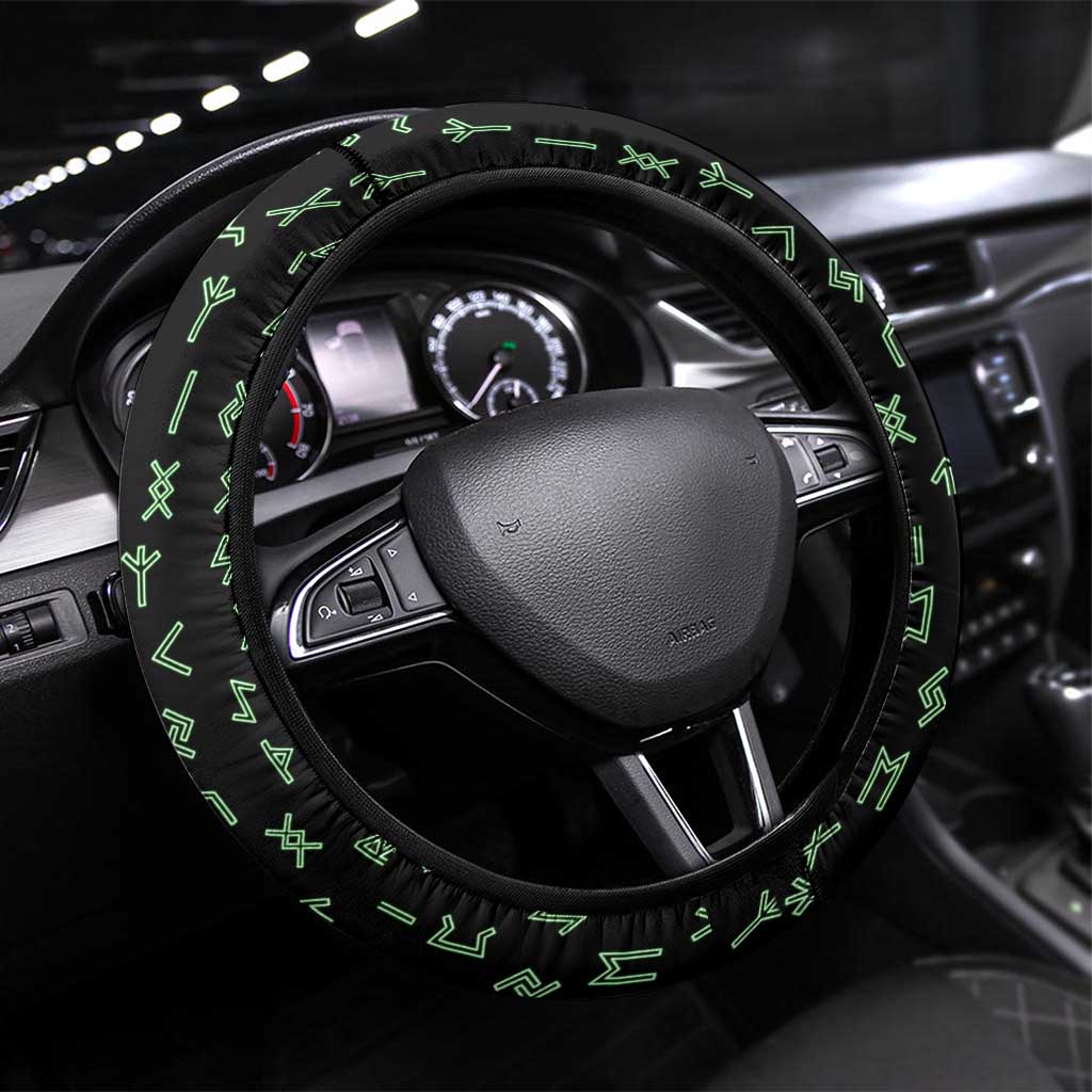 Flaming Skull Steering Wheel Cover with Green Runes and Norse Symbols Viking Warrior Tribute - Wonder Print Shop