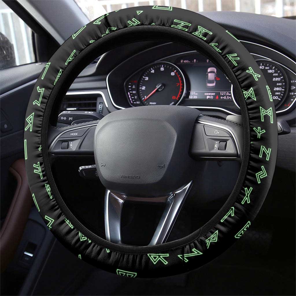 Flaming Skull Steering Wheel Cover with Green Runes and Norse Symbols Viking Warrior Tribute - Wonder Print Shop