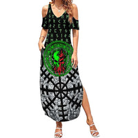 Flaming Skull Summer Maxi Dress with Green Runes and Norse Symbols Viking Warrior Tribute - Wonder Print Shop