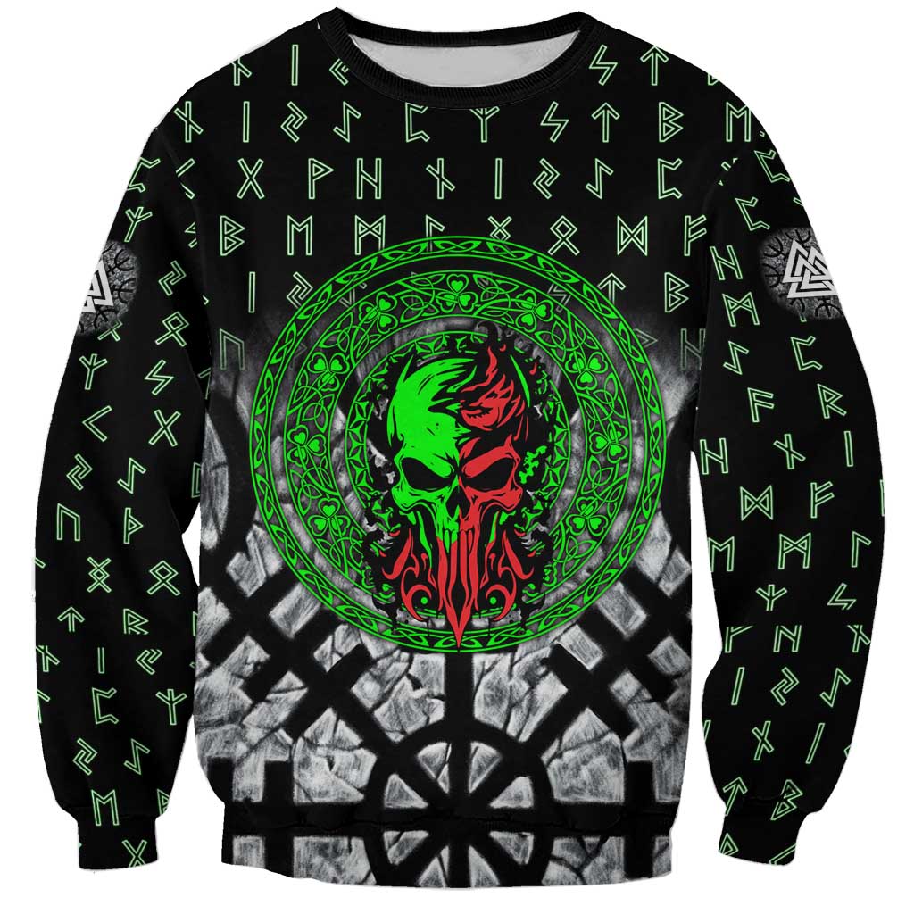 Flaming Skull Sweatshirt with Green Runes and Norse Symbols Viking Warrior Tribute - Wonder Print Shop
