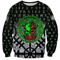 Flaming Skull Sweatshirt with Green Runes and Norse Symbols Viking Warrior Tribute - Wonder Print Shop
