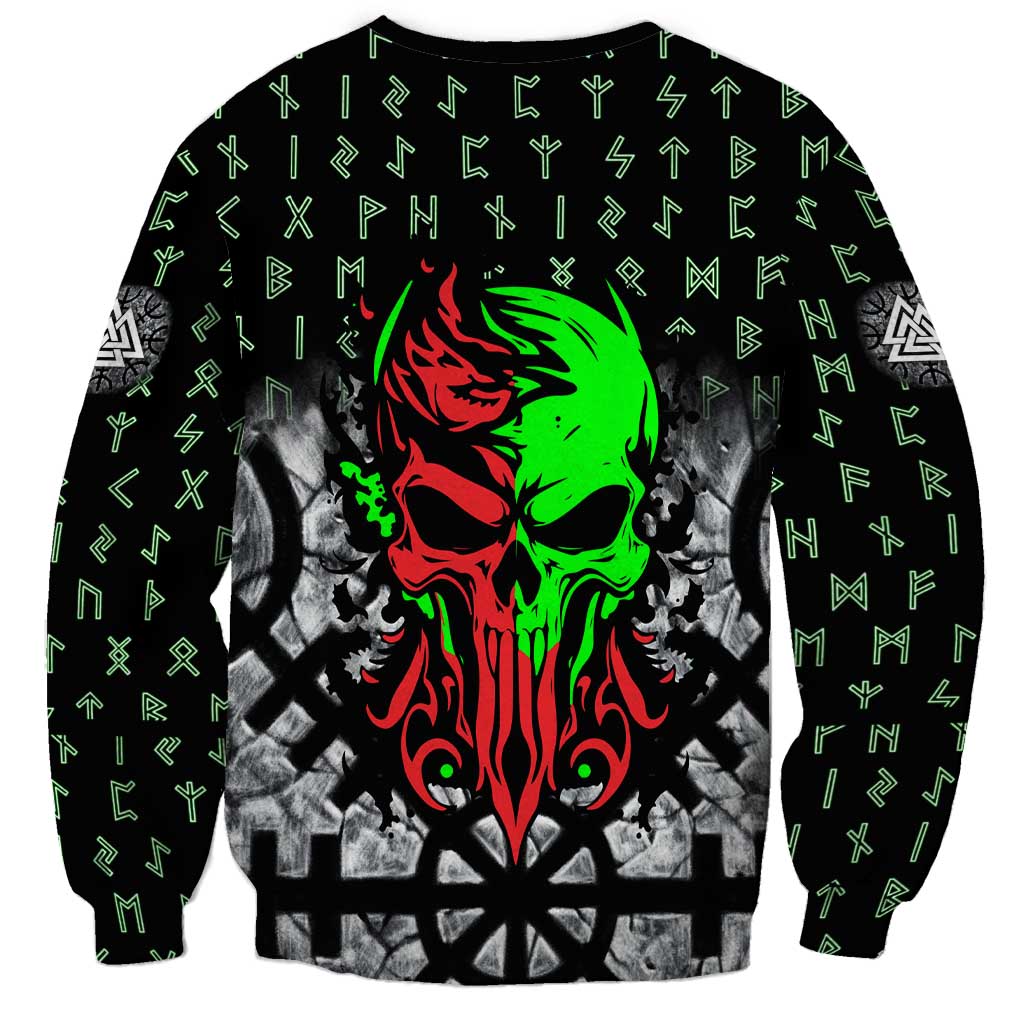 Flaming Skull Sweatshirt with Green Runes and Norse Symbols Viking Warrior Tribute - Wonder Print Shop