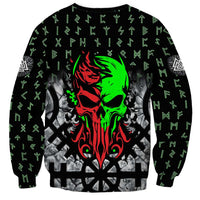 Flaming Skull Sweatshirt with Green Runes and Norse Symbols Viking Warrior Tribute - Wonder Print Shop
