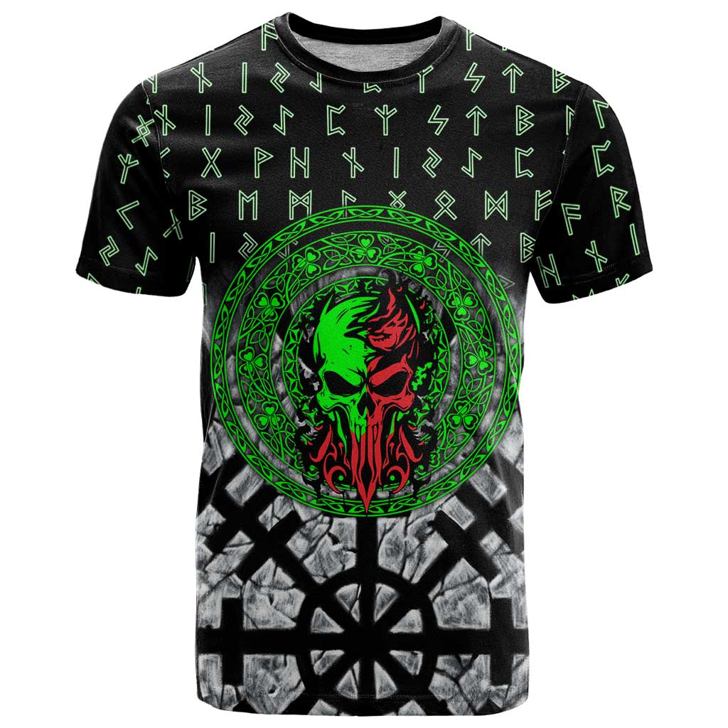 Flaming Skull T Shirt with Green Runes and Norse Symbols Viking Warrior Tribute - Wonder Print Shop