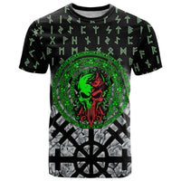 Flaming Skull T Shirt with Green Runes and Norse Symbols Viking Warrior Tribute - Wonder Print Shop