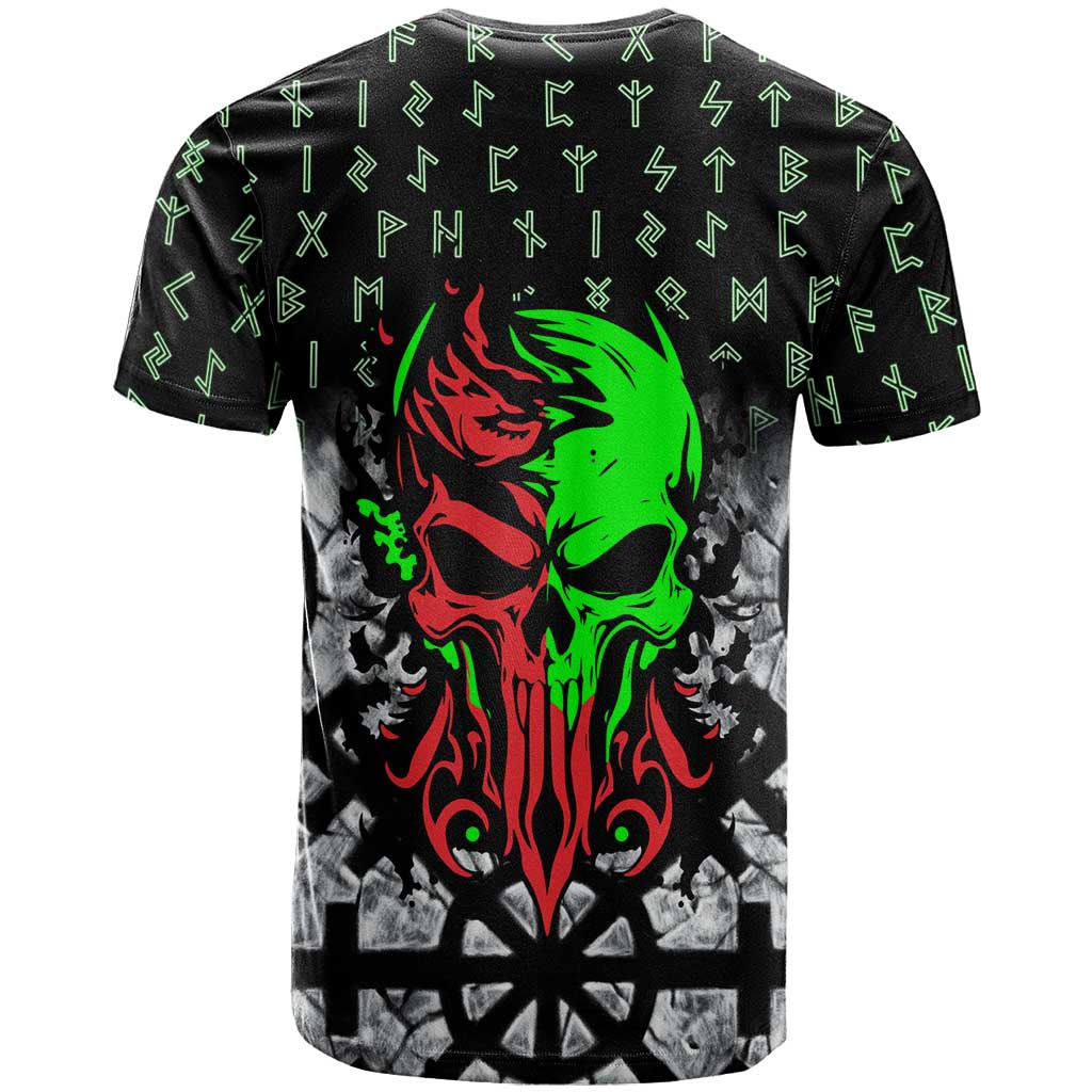 Flaming Skull T Shirt with Green Runes and Norse Symbols Viking Warrior Tribute - Wonder Print Shop