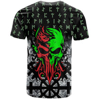 Flaming Skull T Shirt with Green Runes and Norse Symbols Viking Warrior Tribute - Wonder Print Shop