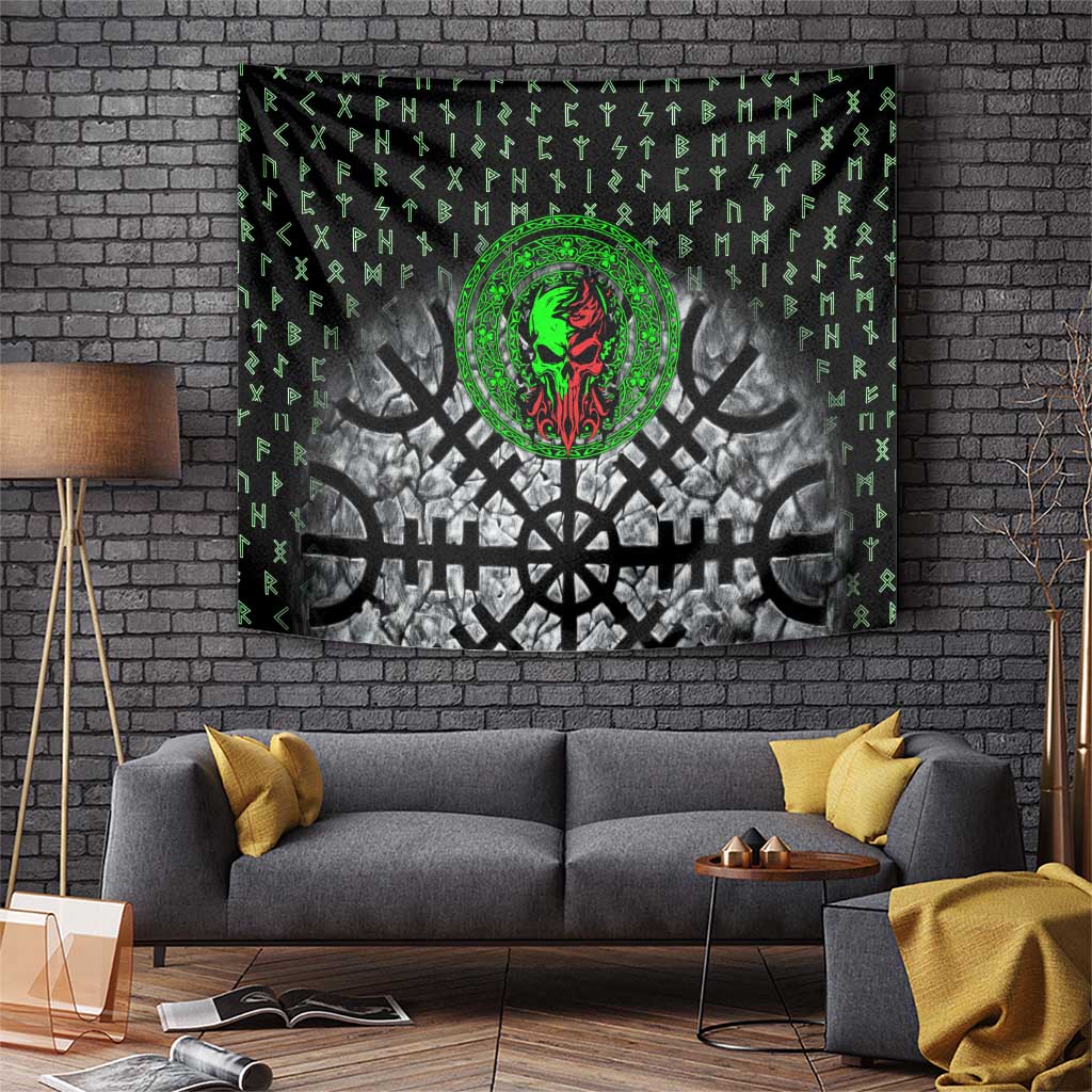 Flaming Skull Tapestry with Green Runes and Norse Symbols Viking Warrior Tribute - Wonder Print Shop