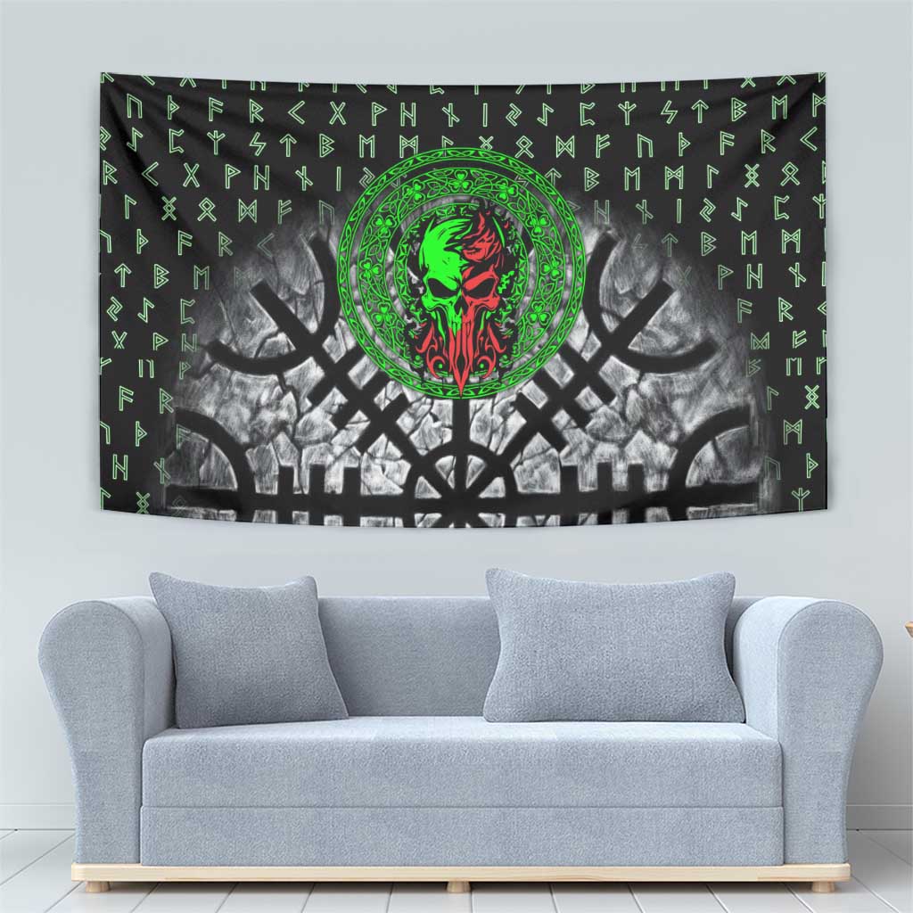 Flaming Skull Tapestry with Green Runes and Norse Symbols Viking Warrior Tribute - Wonder Print Shop