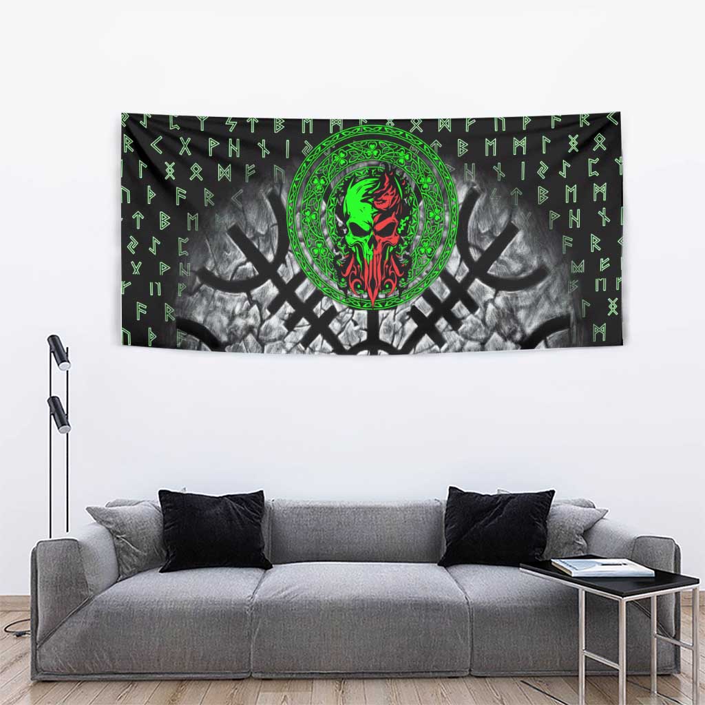 Flaming Skull Tapestry with Green Runes and Norse Symbols Viking Warrior Tribute - Wonder Print Shop