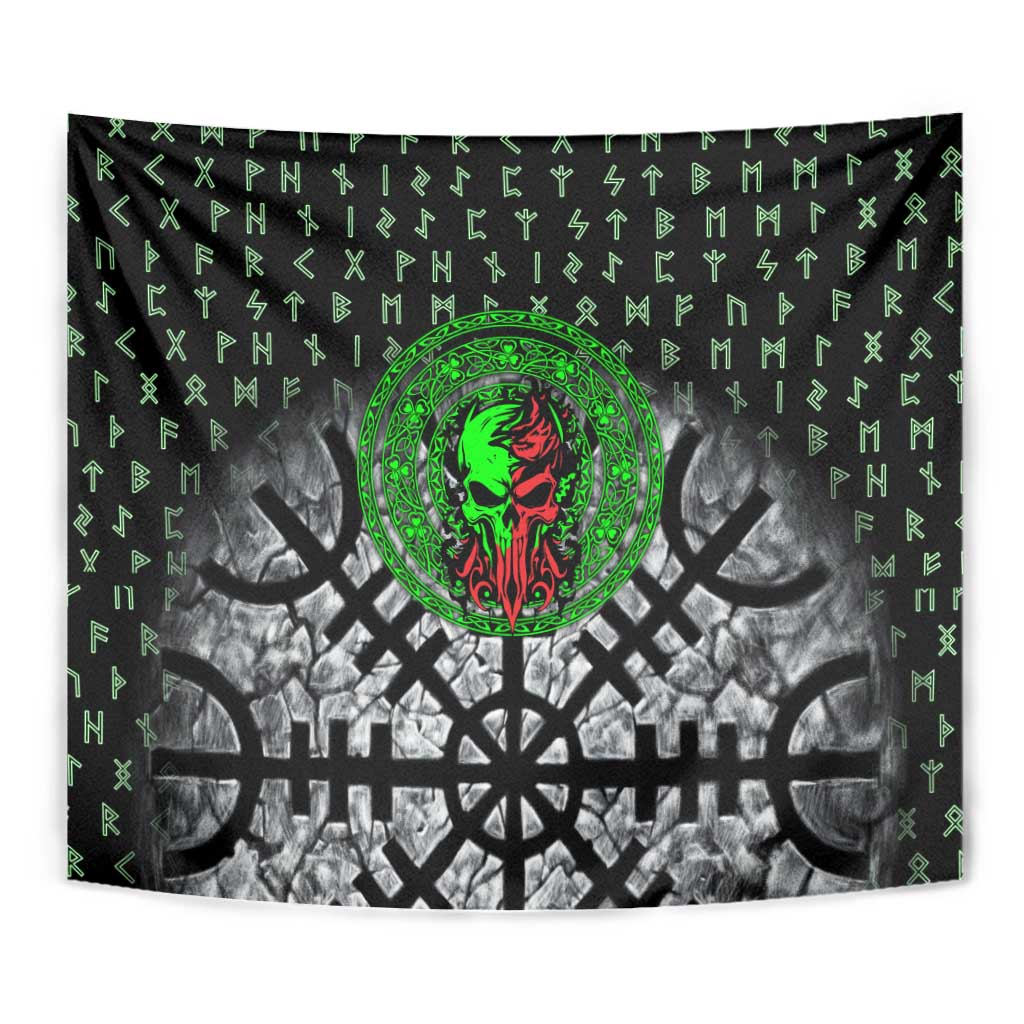 Flaming Skull Tapestry with Green Runes and Norse Symbols Viking Warrior Tribute - Wonder Print Shop