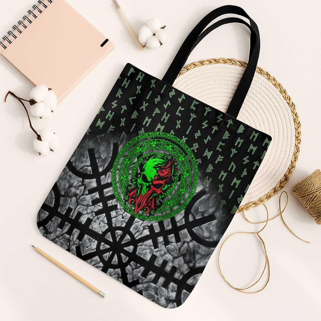 Flaming Skull Tote Bag with Green Runes and Norse Symbols Viking Warrior Tribute - Wonder Print Shop