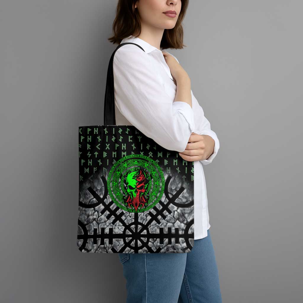 Flaming Skull Tote Bag with Green Runes and Norse Symbols Viking Warrior Tribute - Wonder Print Shop