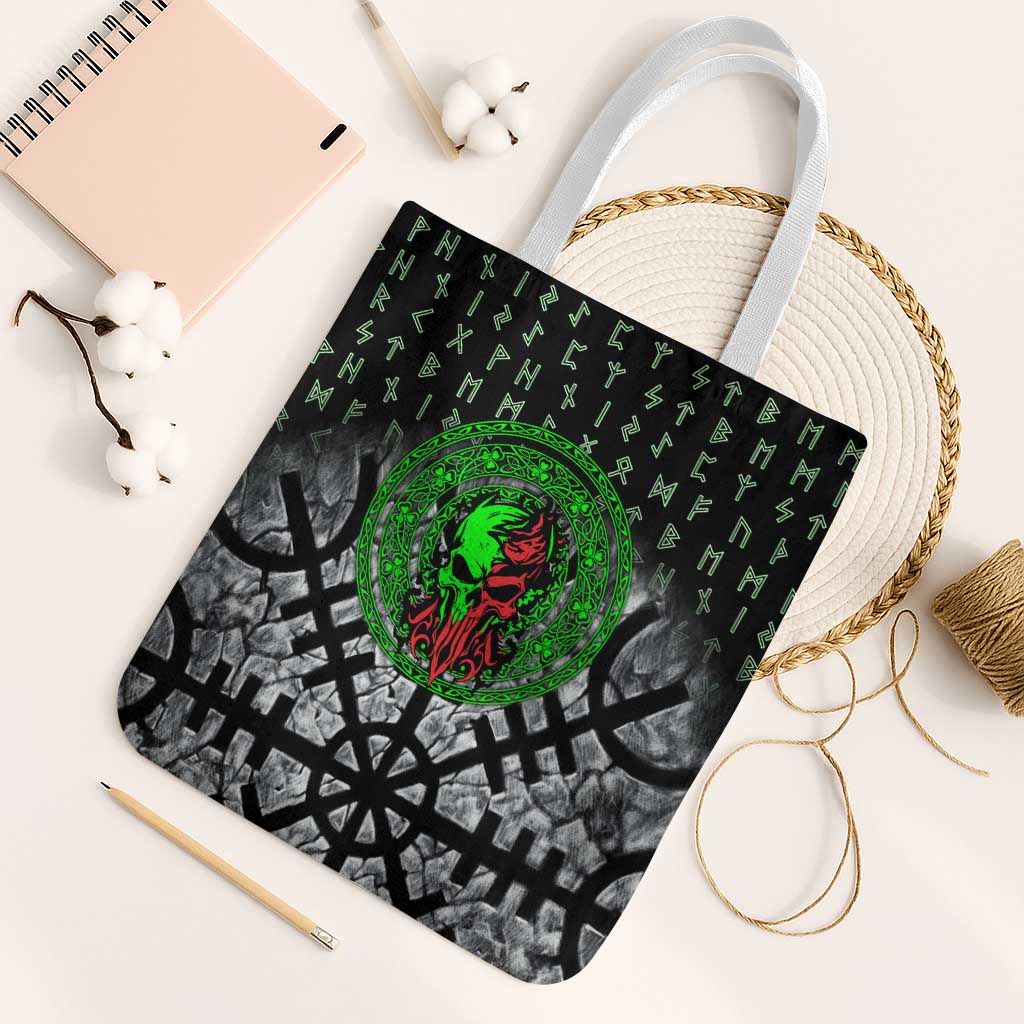 Flaming Skull Tote Bag with Green Runes and Norse Symbols Viking Warrior Tribute - Wonder Print Shop