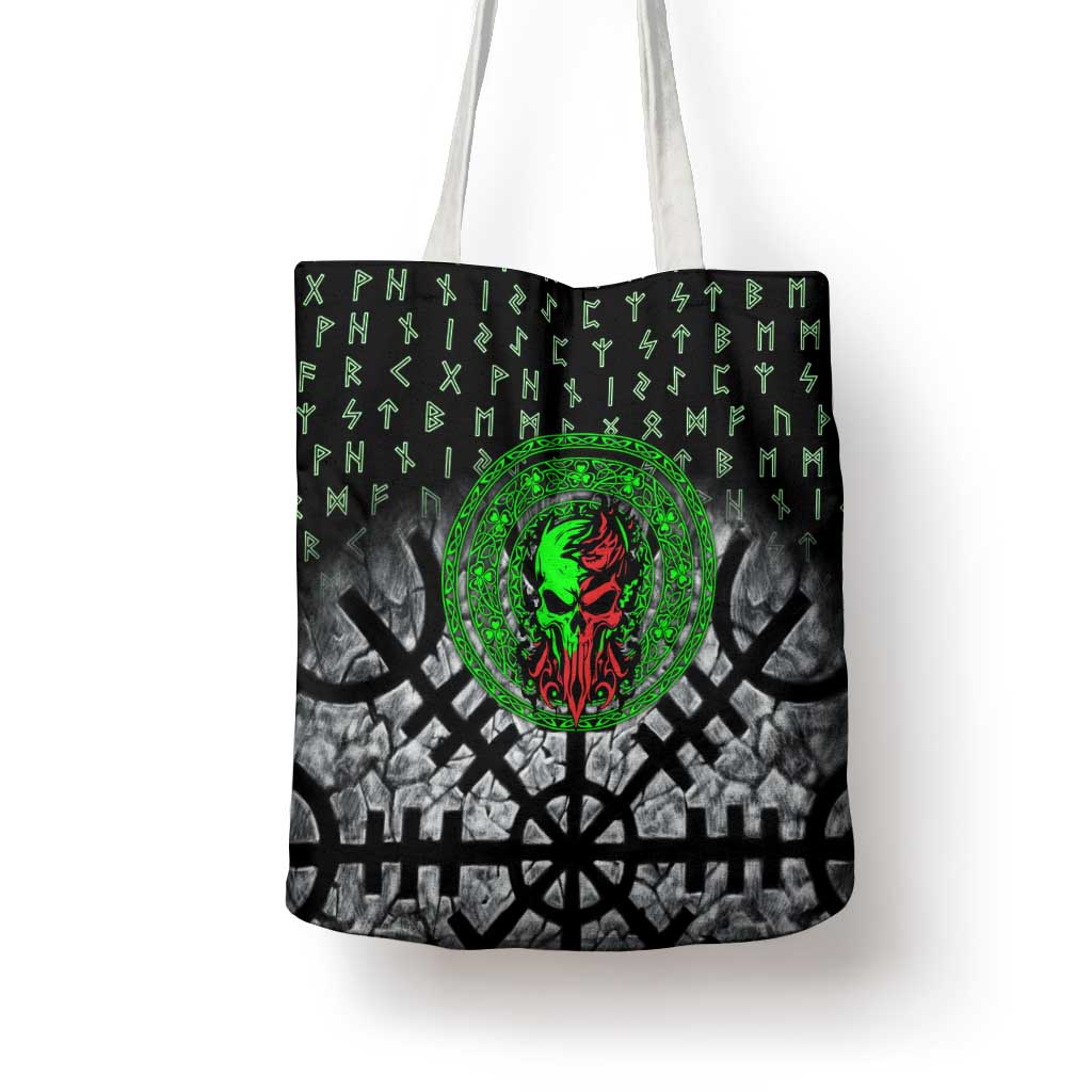 Flaming Skull Tote Bag with Green Runes and Norse Symbols Viking Warrior Tribute - Wonder Print Shop