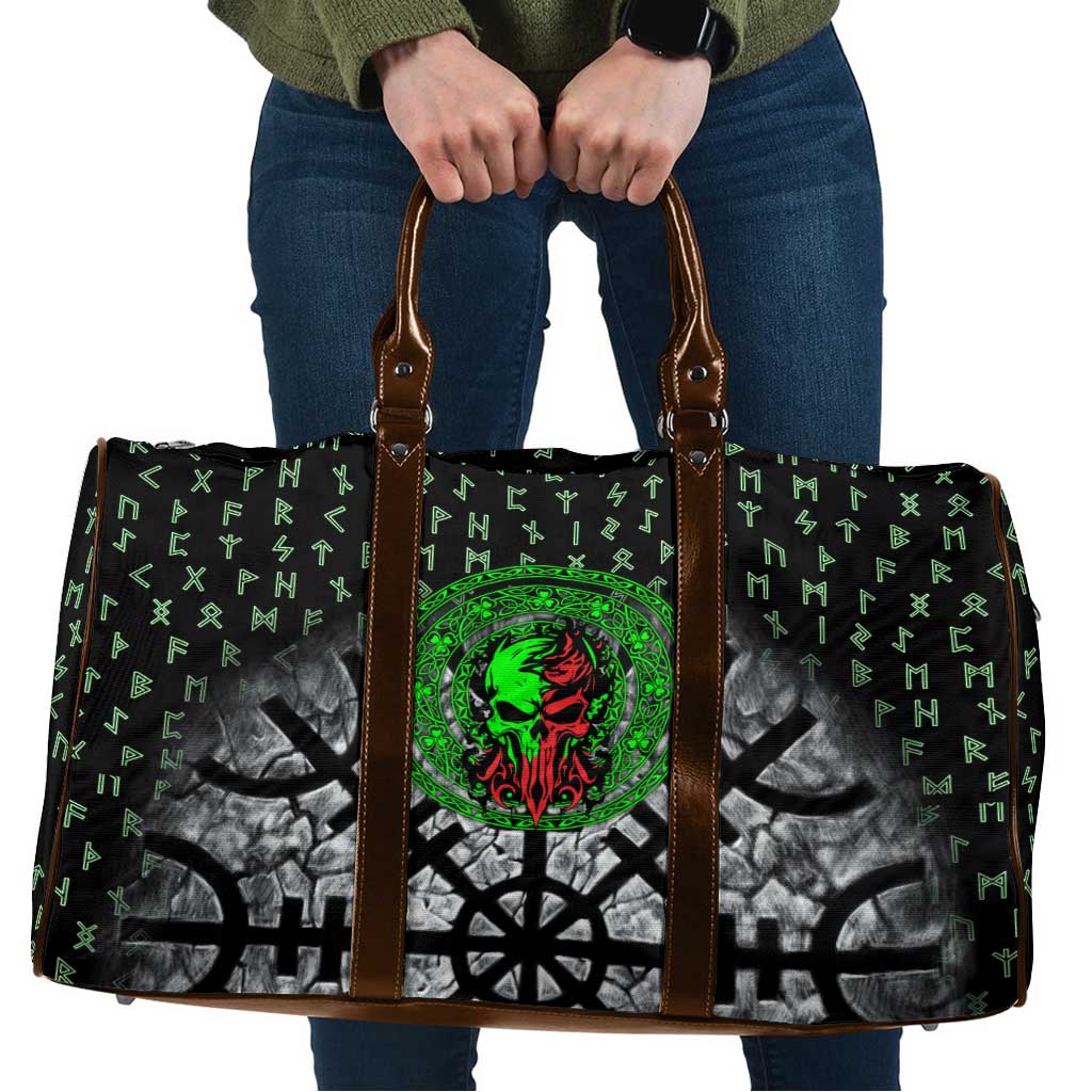 Flaming Skull Travel Bag with Green Runes and Norse Symbols Viking Warrior Tribute - Wonder Print Shop