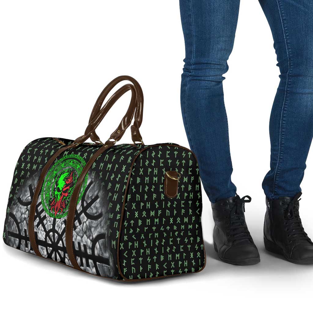 Flaming Skull Travel Bag with Green Runes and Norse Symbols Viking Warrior Tribute - Wonder Print Shop