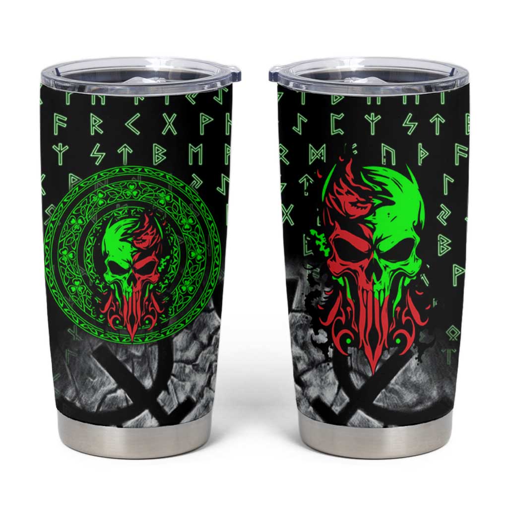 Flaming Skull Tumbler Cup with Green Runes and Norse Symbols Viking Warrior Tribute - Wonder Print Shop