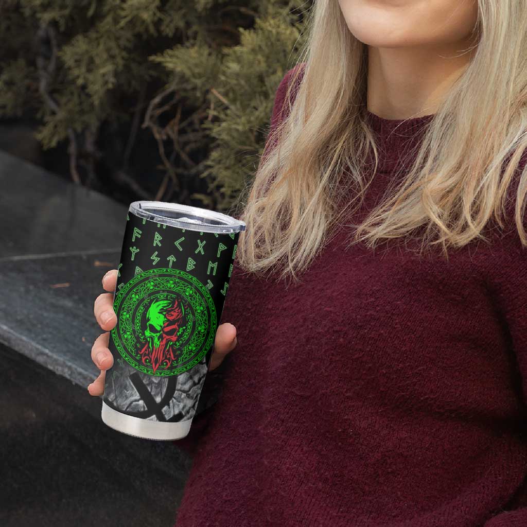 Flaming Skull Tumbler Cup with Green Runes and Norse Symbols Viking Warrior Tribute - Wonder Print Shop
