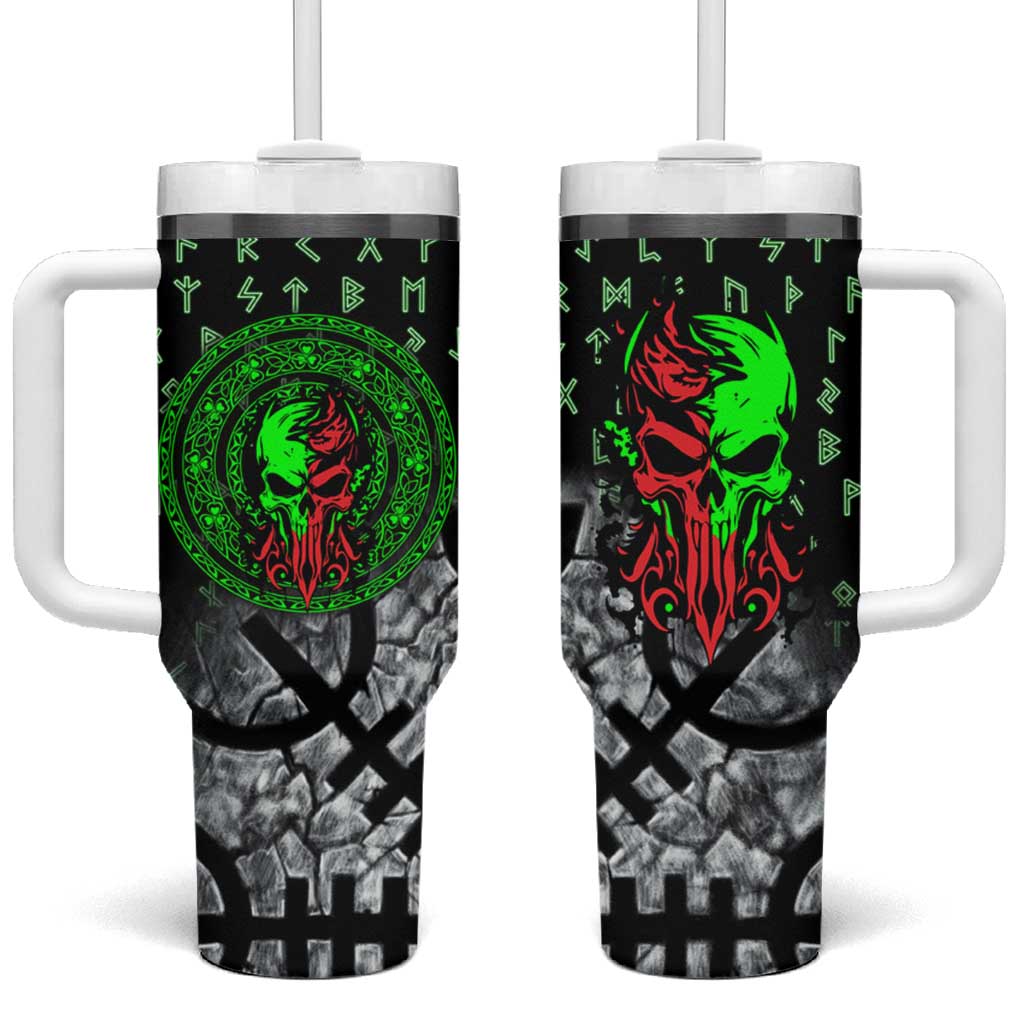 Flaming Skull Tumbler With Handle with Green Runes and Norse Symbols Viking Warrior Tribute - Wonder Print Shop