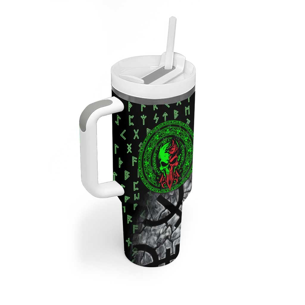 Flaming Skull Tumbler With Handle with Green Runes and Norse Symbols Viking Warrior Tribute - Wonder Print Shop