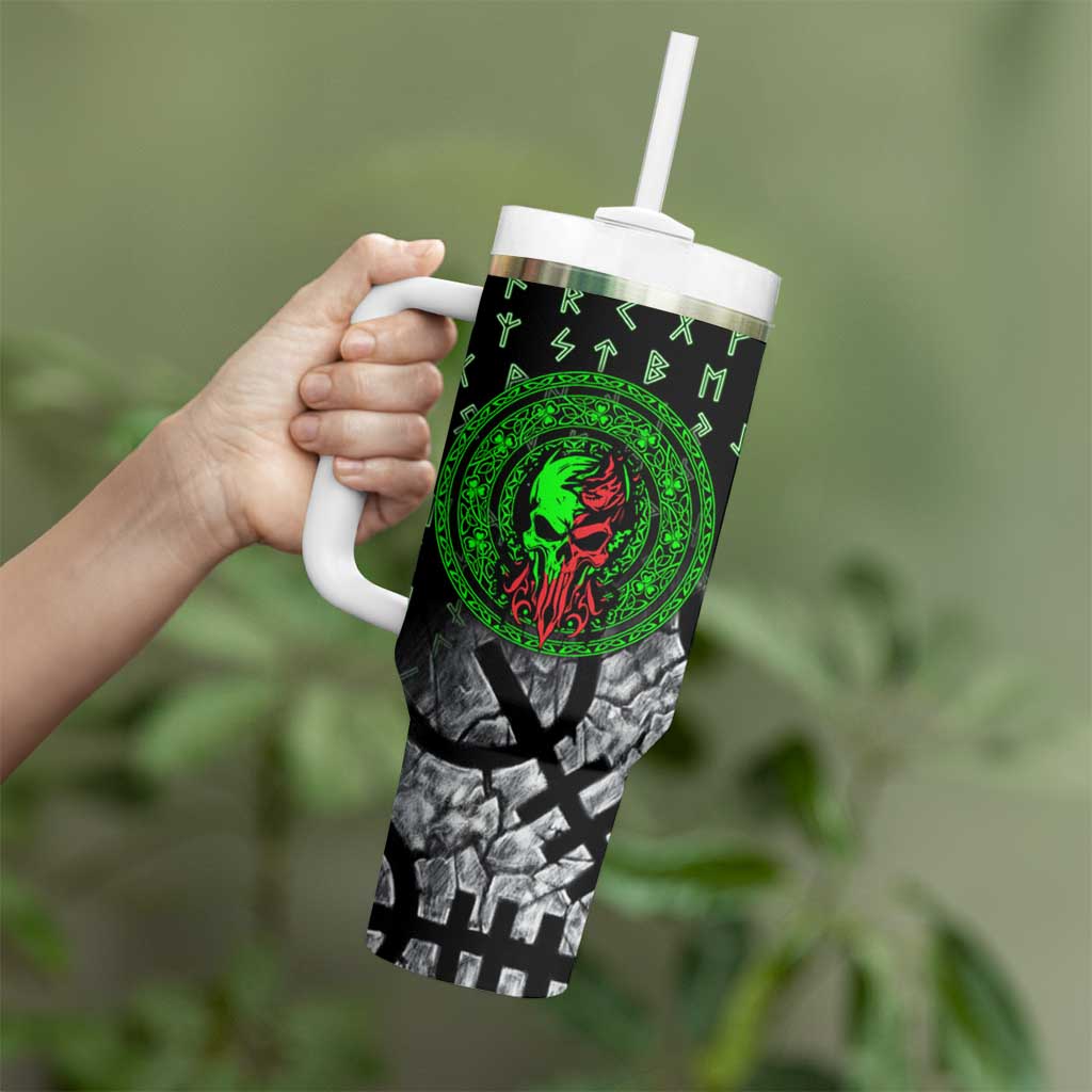 Flaming Skull Tumbler With Handle with Green Runes and Norse Symbols Viking Warrior Tribute - Wonder Print Shop