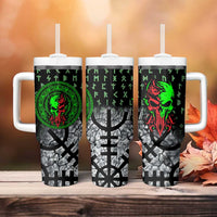 Flaming Skull Tumbler With Handle with Green Runes and Norse Symbols Viking Warrior Tribute - Wonder Print Shop
