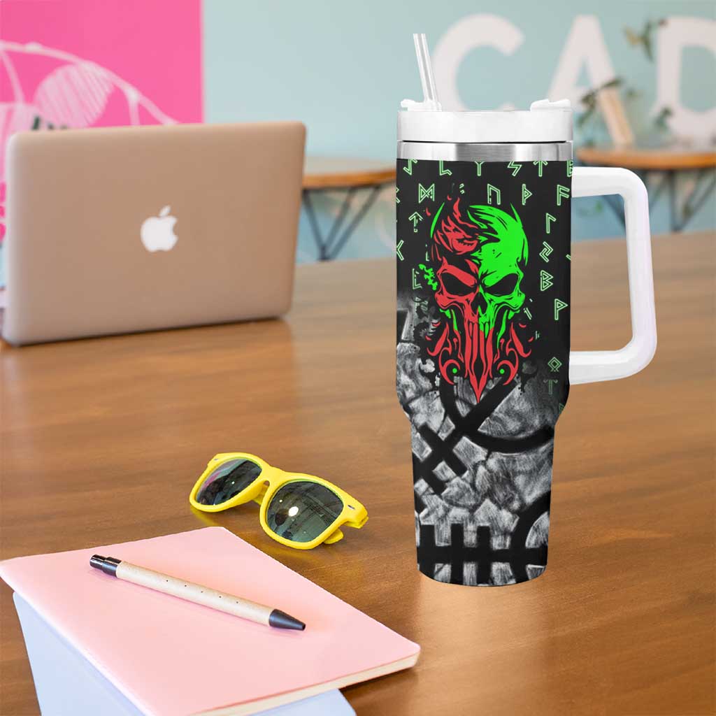 Flaming Skull Tumbler With Handle with Green Runes and Norse Symbols Viking Warrior Tribute - Wonder Print Shop