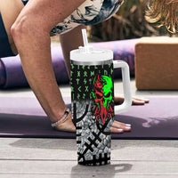 Flaming Skull Tumbler With Handle with Green Runes and Norse Symbols Viking Warrior Tribute - Wonder Print Shop