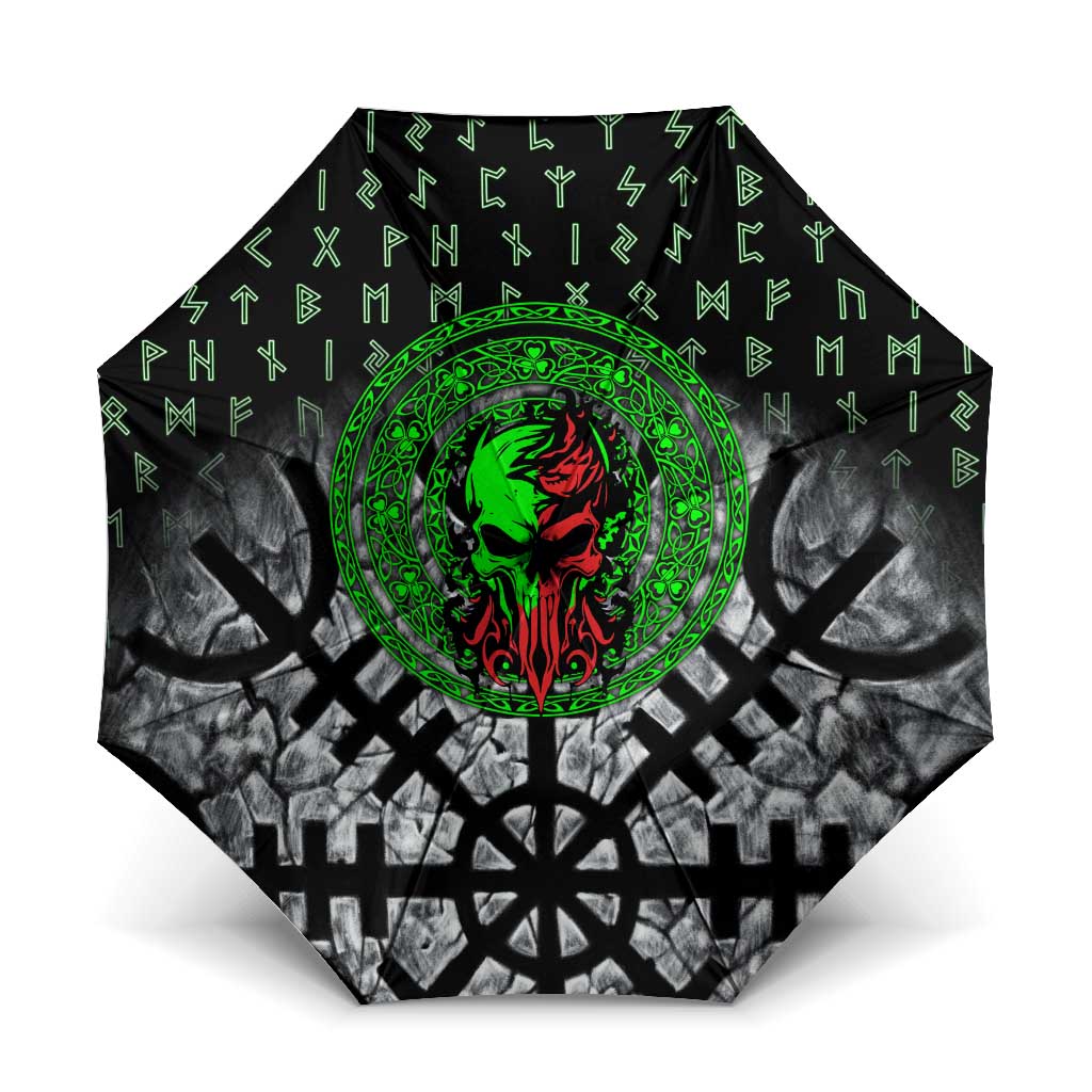 Flaming Skull Umbrella with Green Runes and Norse Symbols Viking Warrior Tribute - Wonder Print Shop