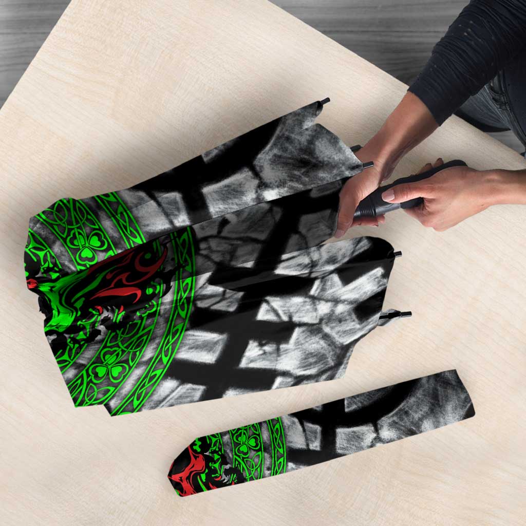 Flaming Skull Umbrella with Green Runes and Norse Symbols Viking Warrior Tribute - Wonder Print Shop