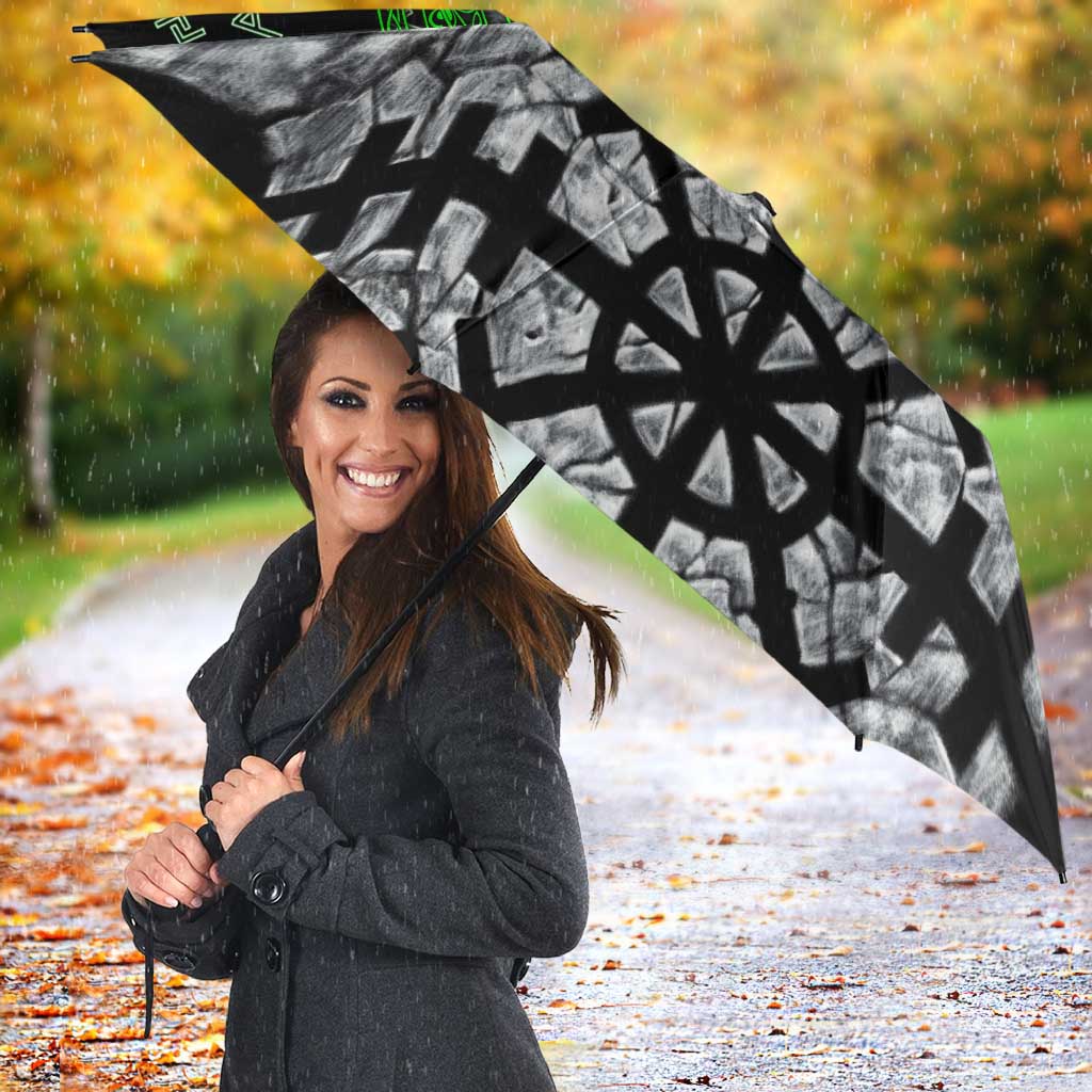 Flaming Skull Umbrella with Green Runes and Norse Symbols Viking Warrior Tribute - Wonder Print Shop