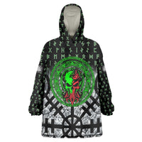Flaming Skull Wearable Blanket Hoodie with Green Runes and Norse Symbols Viking Warrior Tribute - Wonder Print Shop