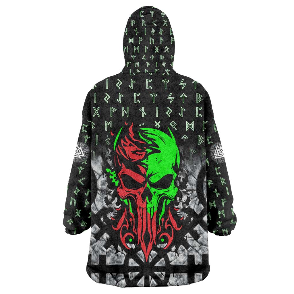 Flaming Skull Wearable Blanket Hoodie with Green Runes and Norse Symbols Viking Warrior Tribute - Wonder Print Shop