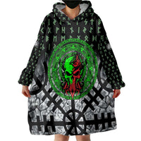 Flaming Skull Wearable Blanket Hoodie with Green Runes and Norse Symbols Viking Warrior Tribute - Wonder Print Shop