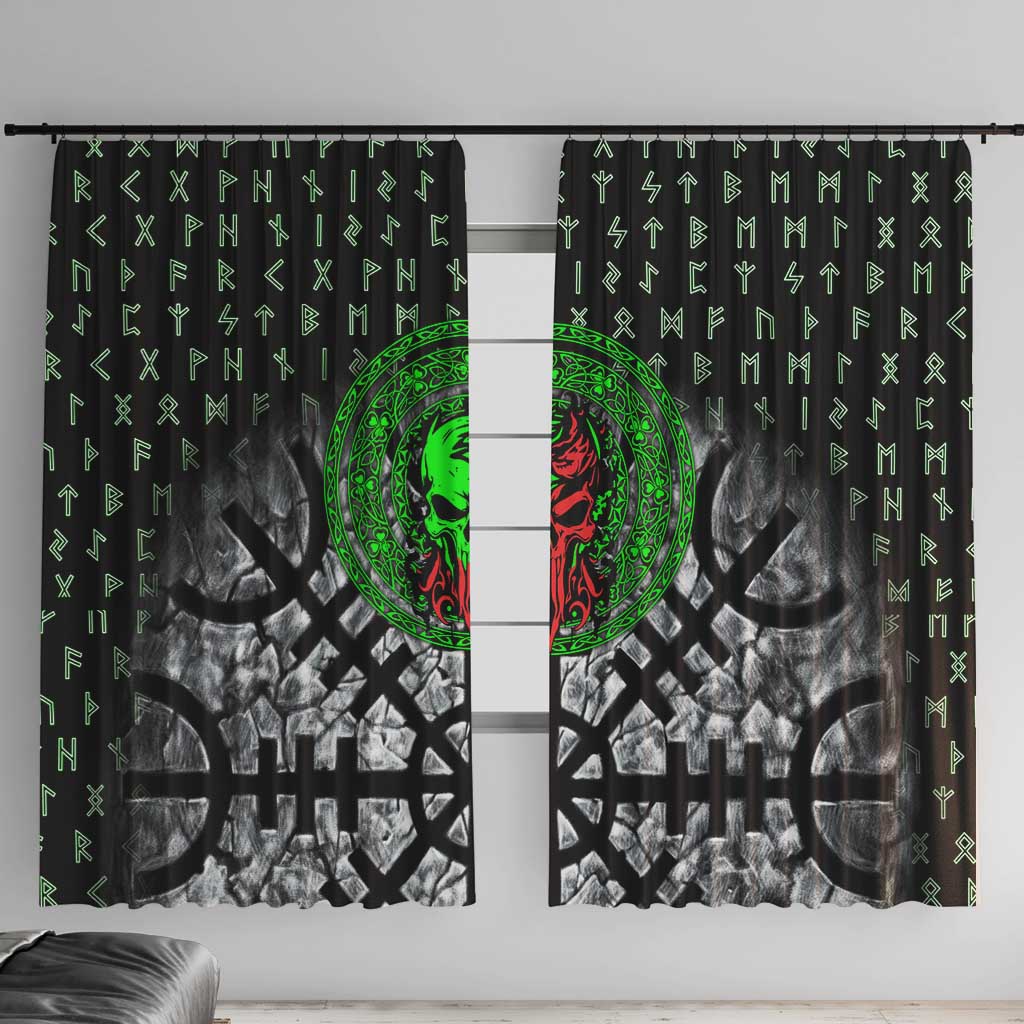 Flaming Skull Window Curtain with Green Runes and Norse Symbols Viking Warrior Tribute - Wonder Print Shop