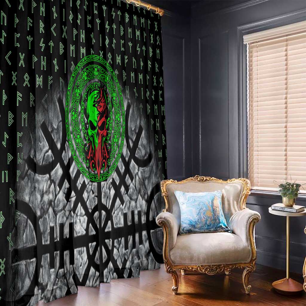 Flaming Skull Window Curtain with Green Runes and Norse Symbols Viking Warrior Tribute - Wonder Print Shop