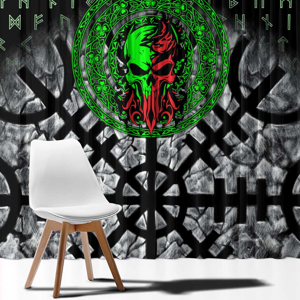 Flaming Skull Window Curtain with Green Runes and Norse Symbols Viking Warrior Tribute - Wonder Print Shop