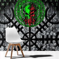 Flaming Skull Window Curtain with Green Runes and Norse Symbols Viking Warrior Tribute - Wonder Print Shop