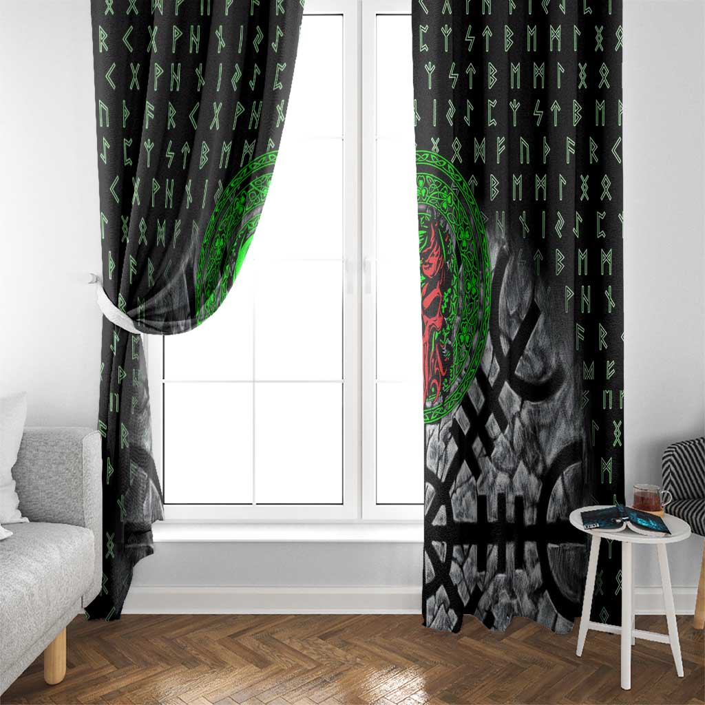 Flaming Skull Window Curtain with Green Runes and Norse Symbols Viking Warrior Tribute - Wonder Print Shop