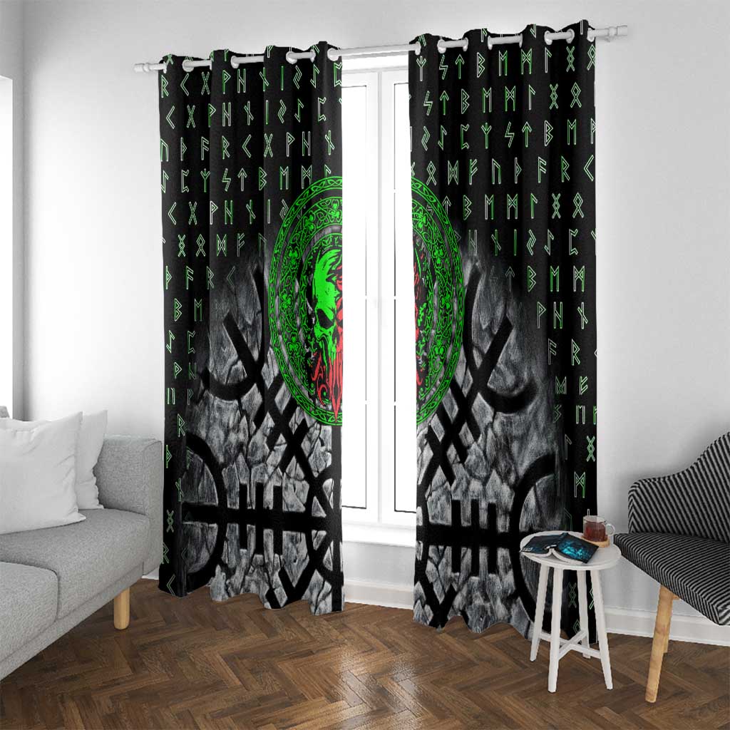 Flaming Skull Window Curtain with Green Runes and Norse Symbols Viking Warrior Tribute - Wonder Print Shop