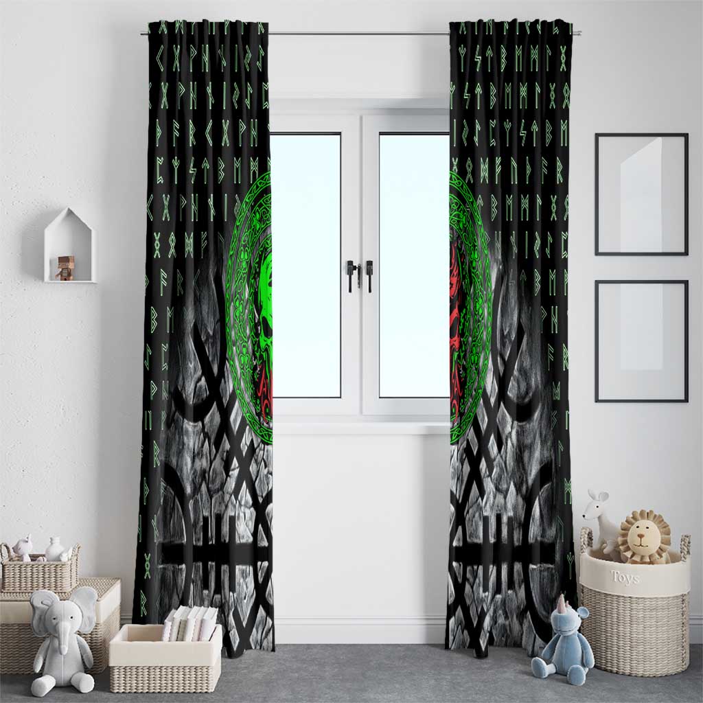 Flaming Skull Window Curtain with Green Runes and Norse Symbols Viking Warrior Tribute - Wonder Print Shop