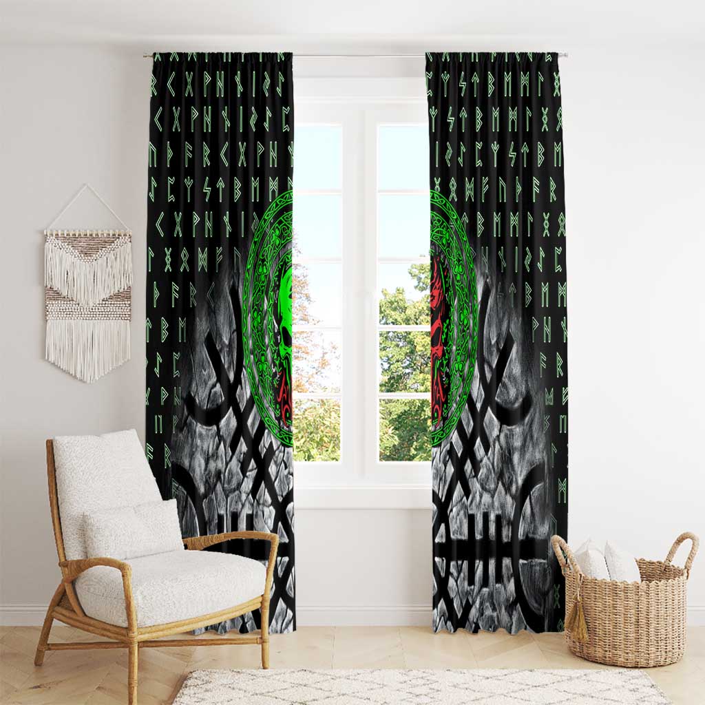 Flaming Skull Window Curtain with Green Runes and Norse Symbols Viking Warrior Tribute - Wonder Print Shop