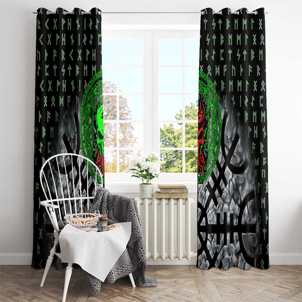 Flaming Skull Window Curtain with Green Runes and Norse Symbols Viking Warrior Tribute - Wonder Print Shop