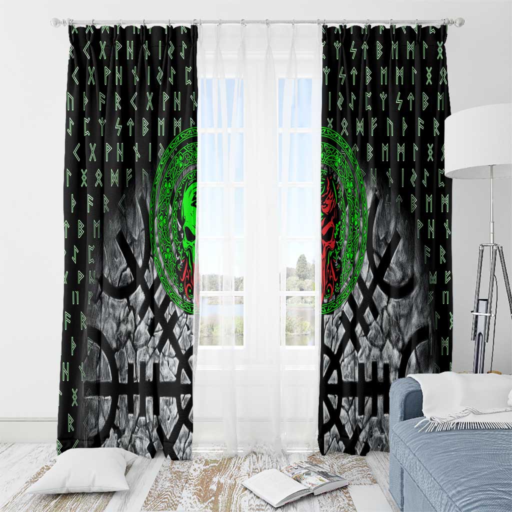 Flaming Skull Window Curtain with Green Runes and Norse Symbols Viking Warrior Tribute - Wonder Print Shop