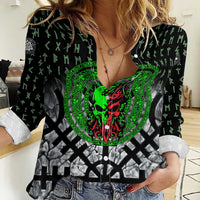 Flaming Skull Women Casual Shirt with Green Runes and Norse Symbols Viking Warrior Tribute - Wonder Print Shop