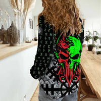 Flaming Skull Women Casual Shirt with Green Runes and Norse Symbols Viking Warrior Tribute - Wonder Print Shop