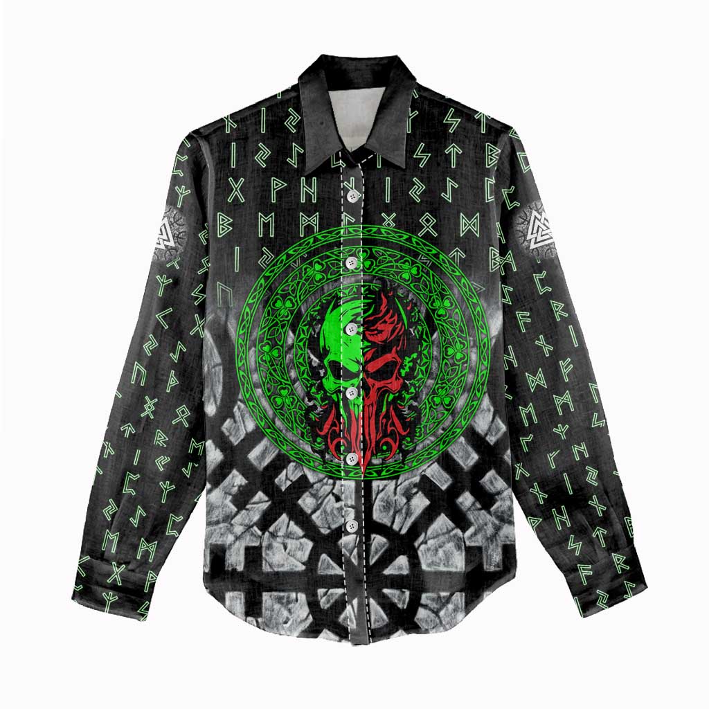 Flaming Skull Women Casual Shirt with Green Runes and Norse Symbols Viking Warrior Tribute - Wonder Print Shop