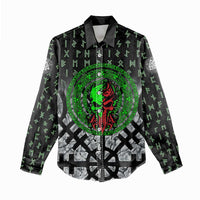 Flaming Skull Women Casual Shirt with Green Runes and Norse Symbols Viking Warrior Tribute - Wonder Print Shop